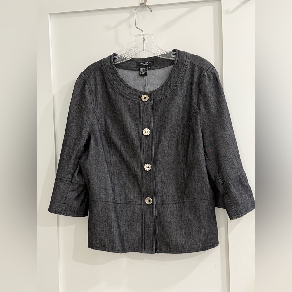 Sandro Sportswear dark blue 1/4 bell sleeve lightweight collarless jean jacket